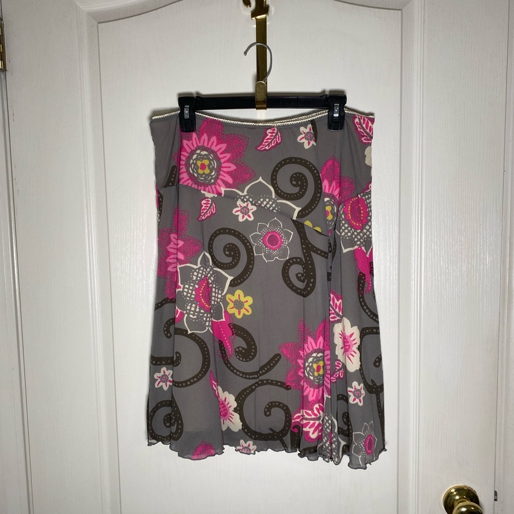 Y2K 90s Boho Floral Mesh Pull-on Midi Skirt Women’s L Nylon Pink Multicolor